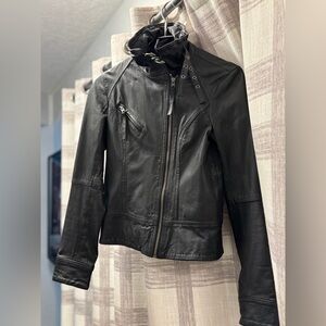 All Saints Black Leather Jacket with High Collar